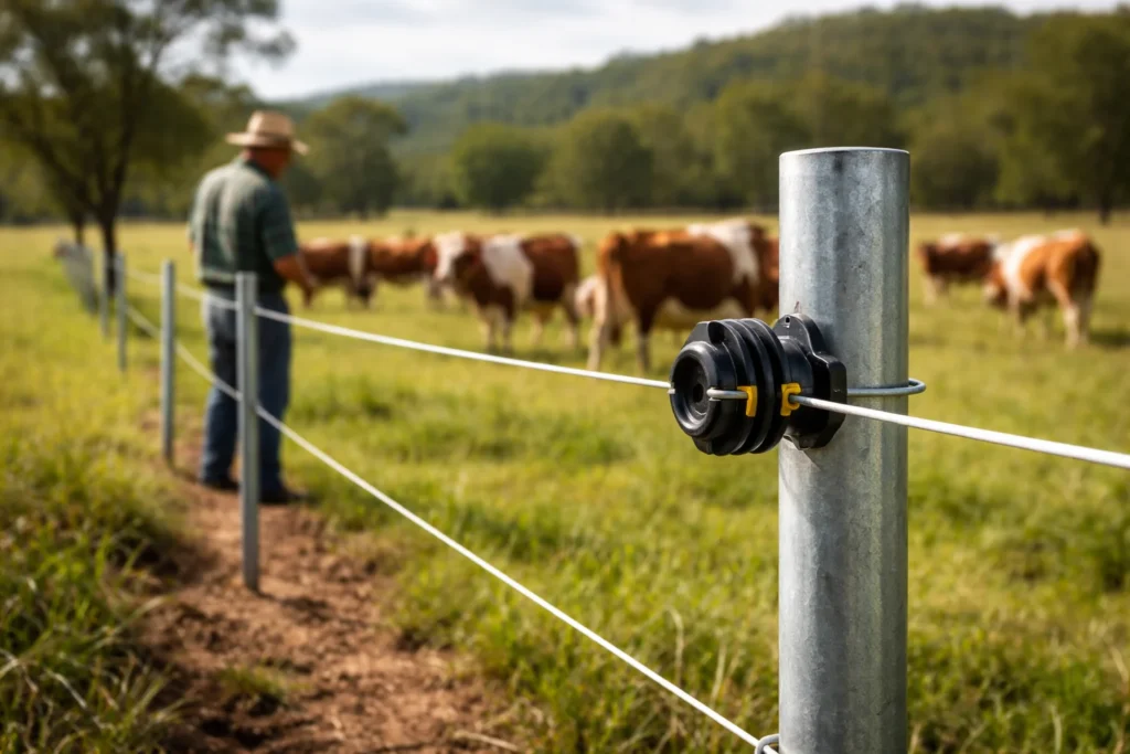 Configuración de postes de acero para cercas con sistemas de aislamiento para evitar arcos eléctricos y pérdida de voltaje en el hato.
