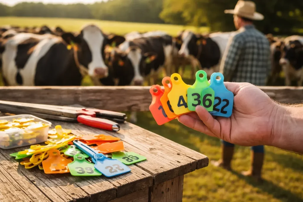 Selección de chapetas para ganado por tamaños y colores para identificar terneras y vacas, optimizando el control de lotes y pesajes en la finca.